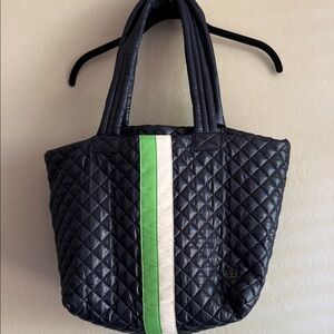 Oliver Thomas Navy Quilted Tote with Green and White Stripe